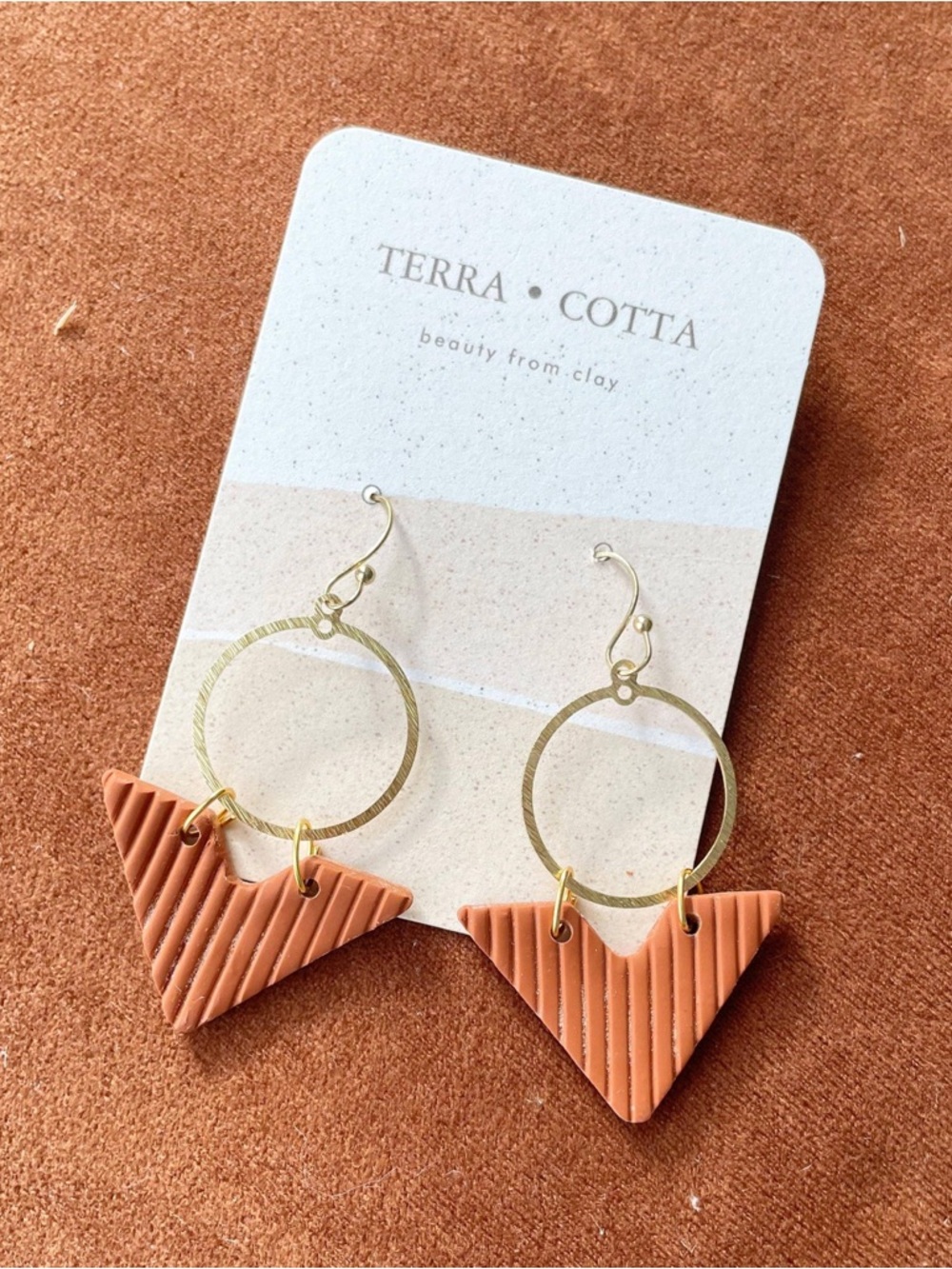 Terra Cotta Textured Triangle Hoop Earrings - Rust Orange & Gold